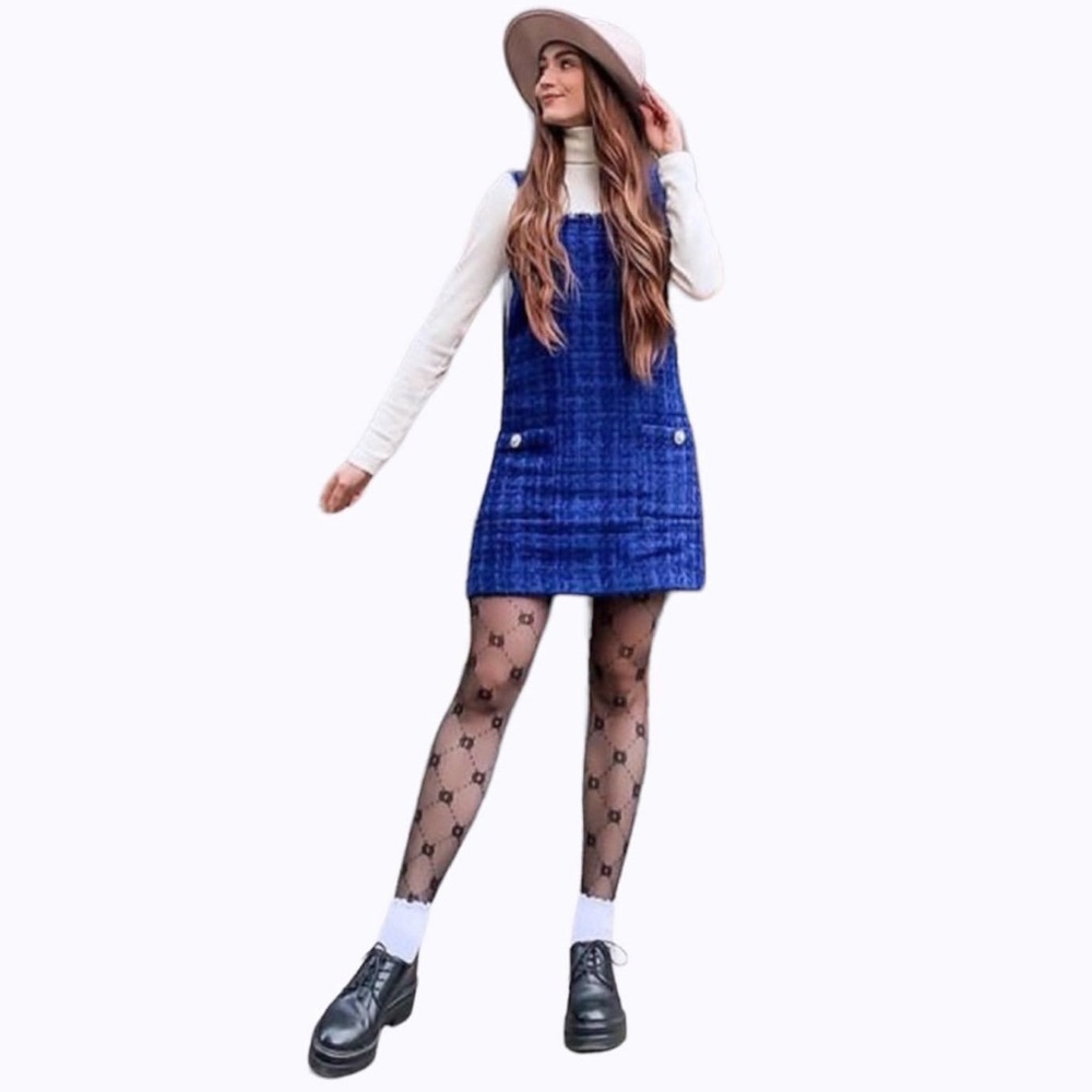Zara Bloggers Favorite Tweed Button Blue Pinafore Dress Small